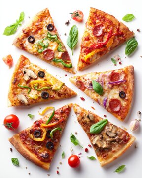 Different slices of pizza, each with various toppings, are arranged on a light surface sprinkled with herbs and spices.