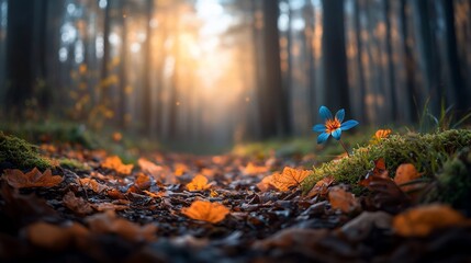 Lonely blue flower on autumn forest path