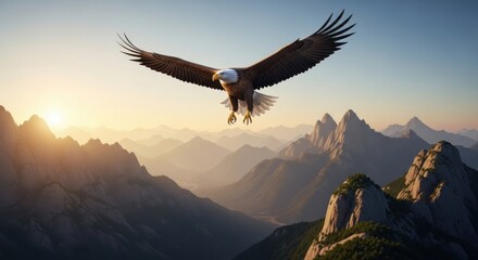 Majestic bald eagle in flight, soaring over a breathtaking mountain range at sunrise.