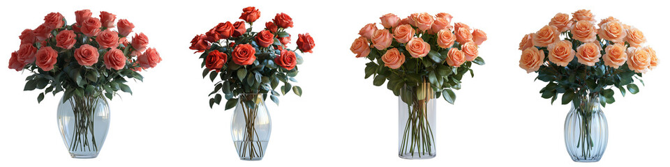 Glass vase with fully bloomed roses on transparent background, isolated
