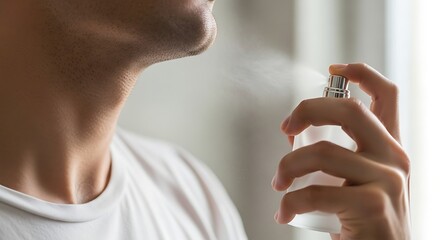 Close-up of a man applying his favorite perfume, spraying fragrant cologne from a bottle onto his neck. Concept of male grooming and daily self-care routine.