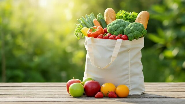 A cream-colored reusable shopping tote bag filled with fresh produce, including vegetables, fruits, and bread, sits on a wooden table outdoors in a garden setting