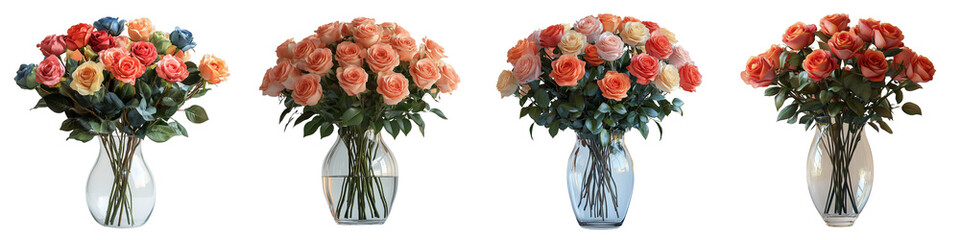 Glass vase with fully bloomed roses on transparent background, isolated