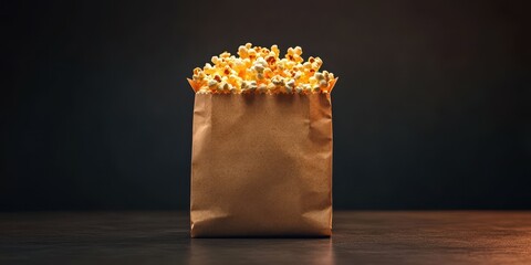 Freshly popped popcorn in a brown paper bag on a dark surface ready for movie night