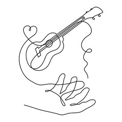 Hand holds ukulele musical concept one line art, hand-drawn playing Hawaiian string instrument drawing continuous contour. Acoustic small guitar outline melody minimalist symbol. Editable stroke.
