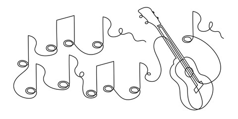 Ukulele musical concept one line art, hand-drawn playing Hawaiian string instrument drawing continuous contour. Acoustic small guitar outline melody with treble clef and notes. Editable stroke. 