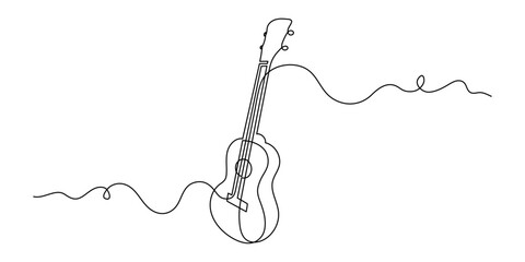 Ukulele musical concept one line art, hand-drawn playing Hawaiian string instrument drawing continuous contour. Acoustic small guitar outline melody with treble clef and notes. Editable stroke. 