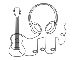 Headphone ukulele treble clef and musical note one line art, hand-drawn device gadget drawing continuous contour. Listening music, audition songs technology, acoustic guitar outline melody. Editable 