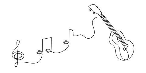 Ukulele musical concept one line art, hand-drawn playing Hawaiian string instrument drawing continuous contour. Acoustic small guitar outline melody with treble clef and notes. Editable stroke. 