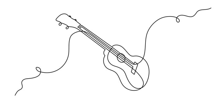 Ukulele musical concept one line art, hand-drawn playing Hawaiian string instrument drawing continuous contour. Acoustic small guitar outline melody minimalist symbol. Editable stroke. Isolated.