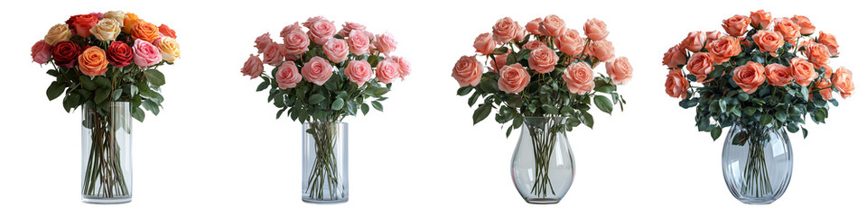 Glass vase with fully bloomed roses on transparent background, isolated