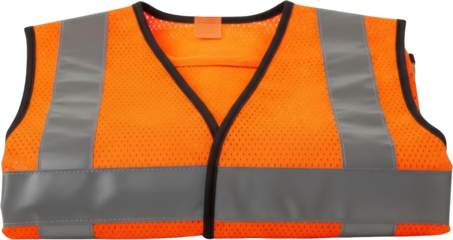 Vibrant orange high visibility safety vest featuring reflective silver stripes folded Transparent background