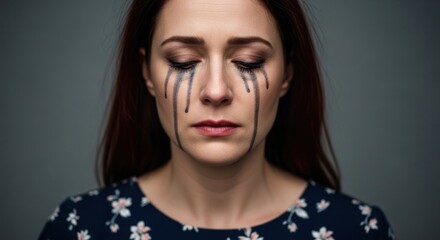 Close-up of a woman with closed eyes and tears streaming down her face, conveying sadness and emotional distress.