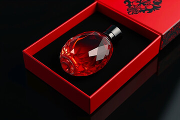 Red Faceted Perfume Bottle in Floral-Lined Box, Romantic Luxe Reveal on Black Background