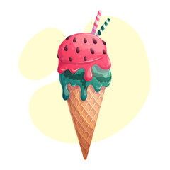 A waffle tube with delicious watermelon ice cream on a yellow background. The concept of confectionery, baking, cooking. Isolated vector illustration for menu design, posters, banners, covers