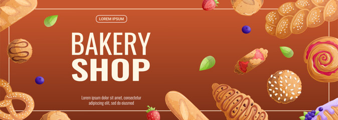 A template for a promotional banner for a bakery commercial. Various types of fresh pastries. The concept of confectionery, cooking. Vector illustration for posters, banners, flyers