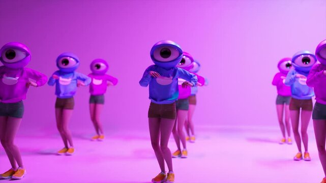 Cartoon characters with oversized eye-shaped heads performing dynamic dance routine on illuminated stage. Creating surreal visual experience through vibrant 3d animation and imaginative choreography - Powered by Adobe