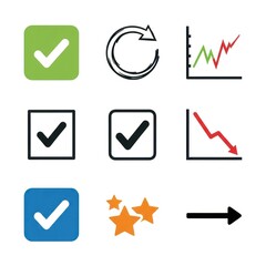 Collection of Graphic Icons Featuring Checkmarks Arrows Charts and Stars on White Background