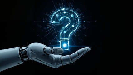 Robot hand interacting with holographic question mark