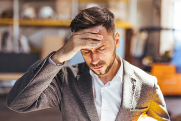 Frustrated Businessman Holding Forehead in an Industrial Workspace Setting