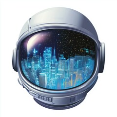 Astronaut helmet reflecting a cyber city Vector illustration. isolated on white background, detailed, high resolution, professional photograph - generated AI