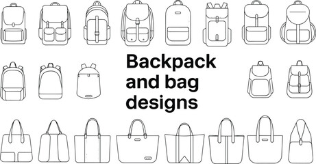 Collection of backpack sketches, hand drawn outline designs, various modern bag styles, fashion accessories, travel gear, school and casual bags