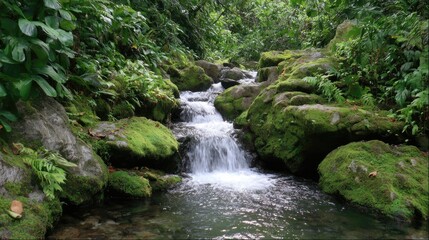 Serene Stream Flowing Through Lush Green Forest in Natural Setting