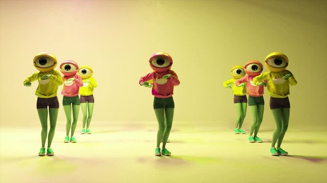 Bizarre cartoon characters with big eye masks are dancing in various poses under colorful lights, creating a surreal and captivating performance