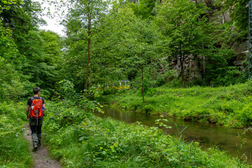 Wandern auf dem Flößersteig im Kirnitzschtal in der Sächsischen Schweiz
