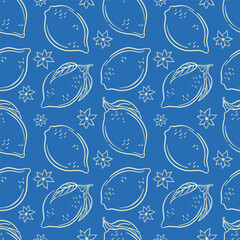 Seamless pattern with whole lemon in line art style on blue background. Perfect for citrus fruit package, summer design delivery, kitchen wallpaper and cafe menu.