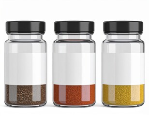 Three Glass Spice Jars with Blank Labels on White Background