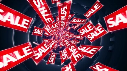 Bright red sale signs swirl in an endless tunnel, exciting discounts available in local shops. Perfect for holiday sales, discounts, and promotional campaigns