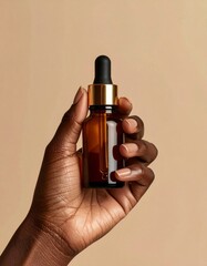 Naklejka premium Hand Holding Amber Glass Dropper Bottle Skincare Serum