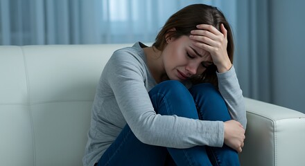 Fototapeta premium Woman Crying in Sadness and Despair on a White Sofa Indoors