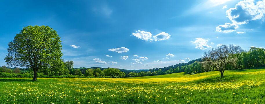 Beautiful spring landscape with green grass, trees, and a blue sky with clouds on the horizon. Panoramic view of a meadow in full bloom with yellow dandelions.