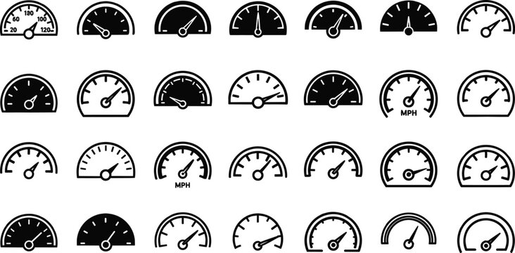 Speedometer icon, gauge symbols, meter illustrations, needle indicator vector collection, dashboard element vehicle graphic, measuring tools, speed display,