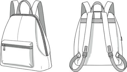 Modern women's backpack drawing, sleek fashion bag with front zipper, elegant travel backpack sketch, casual daypack design illustration