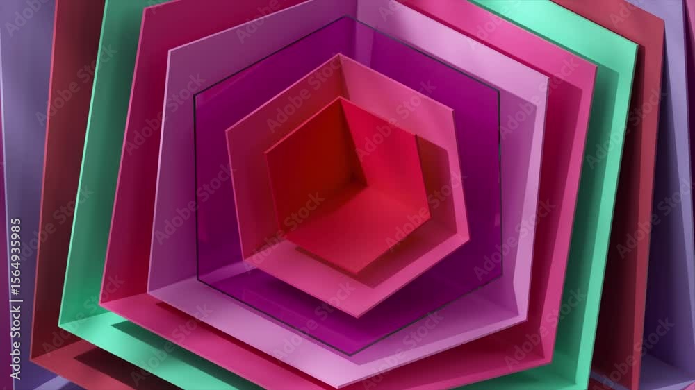 Poster geometric abstract background with hexagons forming a tunnel with rotating animation in shades of pi