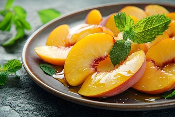 Freshly sliced peaches and nectarines. Juicy texture. Ripe peaches and nectarines cut in half. Peach background. Healthy food and seasonal fruit. Summer fruit