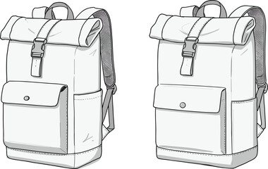 Stylish roll top backpack illustration, front pocket travel bag sketch, modern rucksack design drawing, minimalist outdoor gear line art