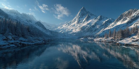 Snow-covered mountains reflect in calm waters under a clear blue sky at a tranquil lakeside