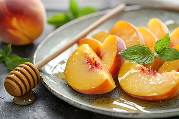 Freshly sliced peaches and nectarines. Juicy texture. Ripe peaches and nectarines cut in half. Peach background. Healthy food and seasonal fruit. Summer fruit