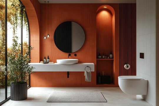 Modern bathroom with terracotta walls, luxury bathtub and minimalist decor