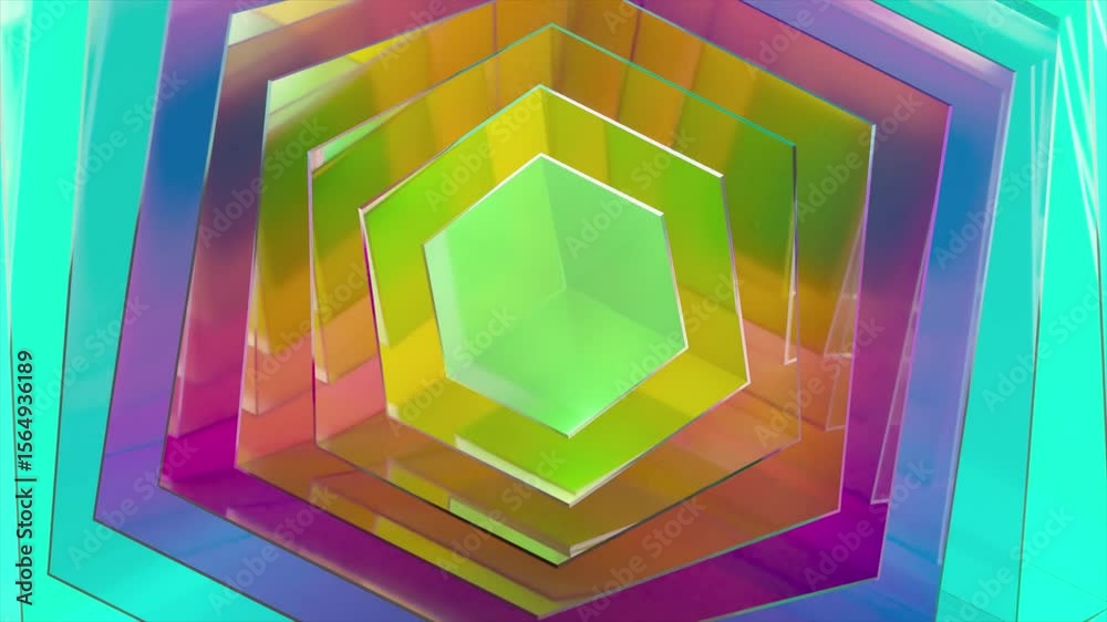 Poster glassy hexagonal shapes generating mesmerizing tunnel effect, rotating with vibrant iridescent color