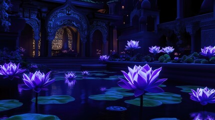 A glowing lotus pond in an eternal midnight garden highly detailed with sharp focus - generated AI