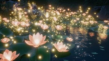 A glowing lotus pond in an eternal midnight garden highly detailed with sharp focus - generated AI
