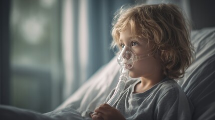 Cystic Fibrosis Awareness Week.  a young child with cystic fibrosis sitting in a hospital bed, breathing through a nebulizer