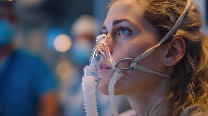 Cystic Fibrosis Awareness Week. a young adult receiving respiratory therapy, modern medical equipment, breathing apparatus, professional healthcare setting