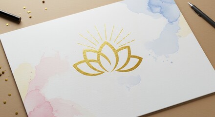 Gold Lotus Flower Watercolor Painting
