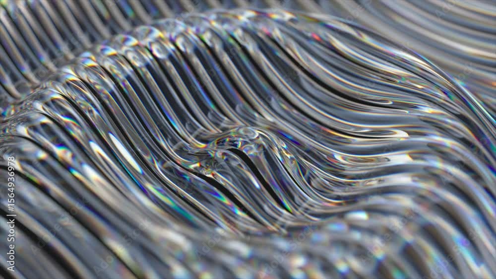 Poster metallic liquid surface transforming with mesmerizing wave patterns, reflecting iridescent colors in